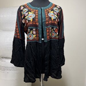 Time For Me Blazer Black Floral Embroidered Open Front Boho S Whinsigoth Aztec